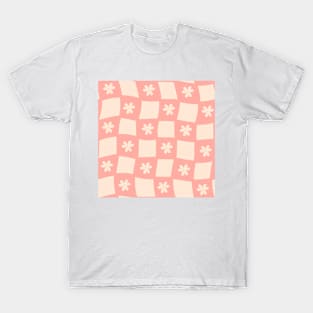 Large Floral Checker Board - peachy pink and warm beige T-Shirt